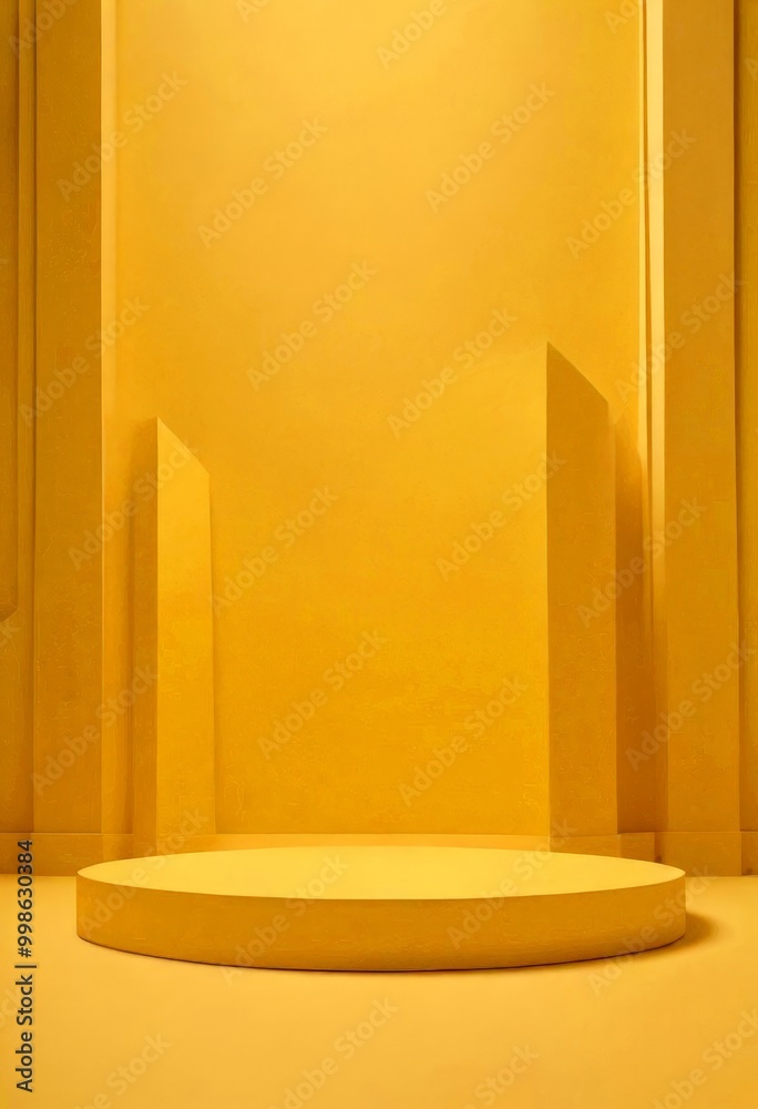 Poster a circular podium stands in a minimalist room with a yellow wall and two vertical columns