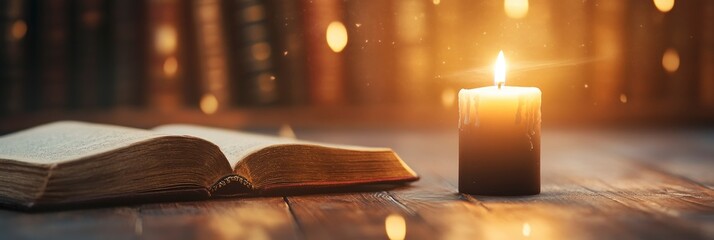 open vintage book with candle on wooden table with blur library background