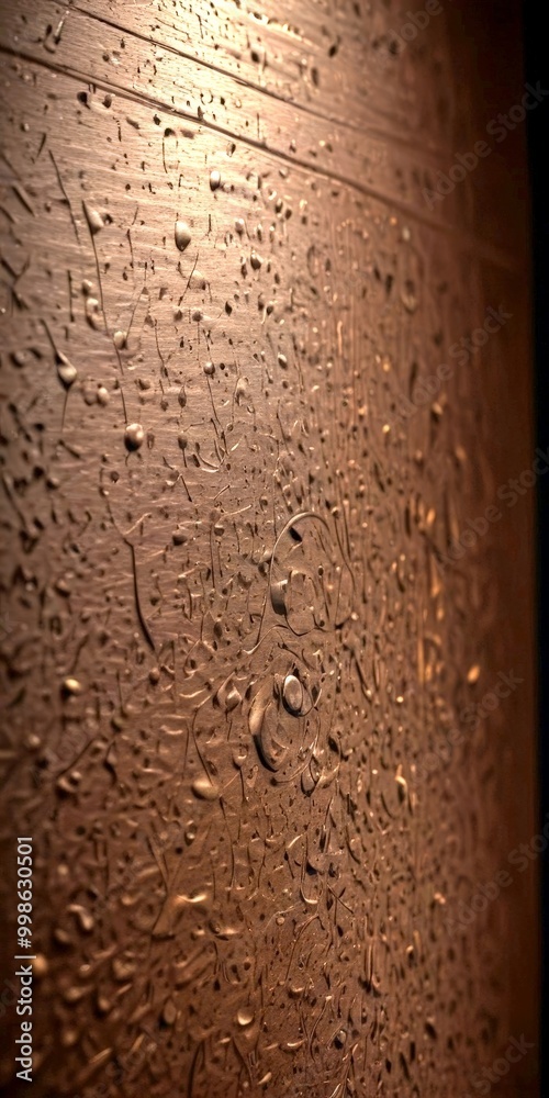 Aufkleber A close-up view textured, dark brown surface with numerous small water droplets scattered across it, creating a sense of depth and texture