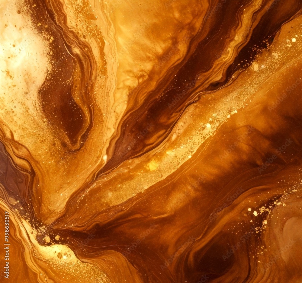 Poster a swirling pattern of brown and gold hues, with small white specks scattered throughout, creating a sense of depth and movement