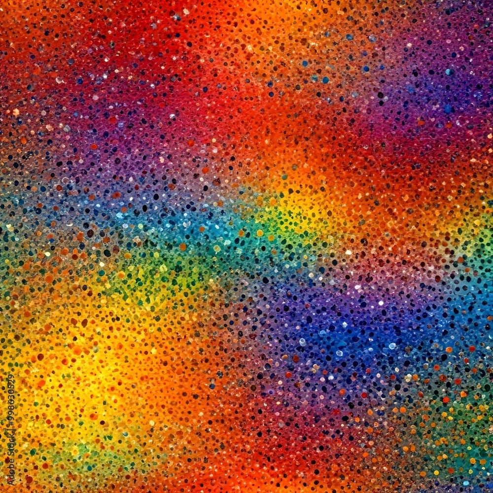Poster a vibrant abstract painting with a colorful background of overlapping dots in various sizes and colors, creating a sense of depth and texture