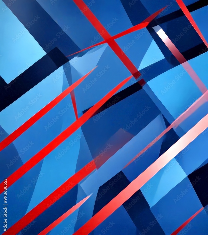 Poster an abstract composition featuring intersecting red and blue lines, creating a dynamic and visually striking pattern