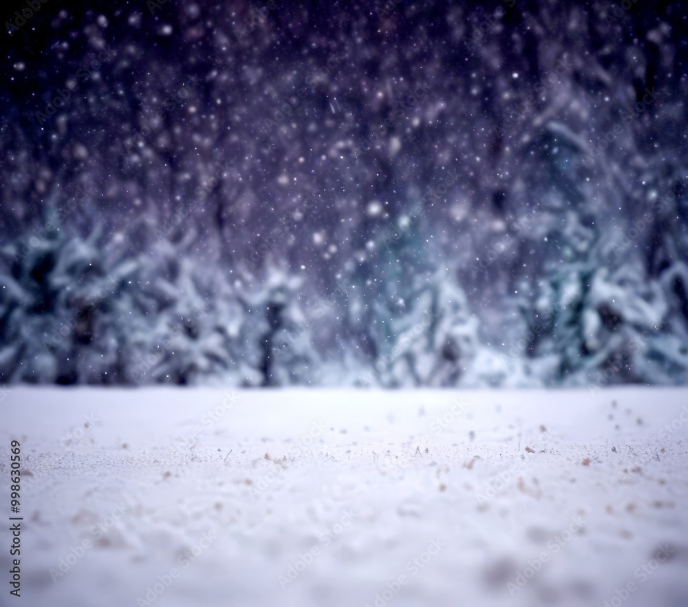 Poster a snowy winter scene with a blurred background of trees and falling snowflakes