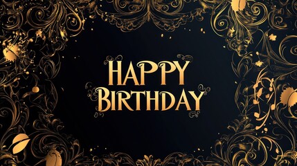 Golden Happy Birthday greeting with ornate swirling floral design on black background.