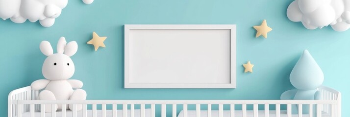 A pink frame sits on a shelf next to a blue wall