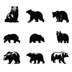 black silhouette brown bear set vector with white background