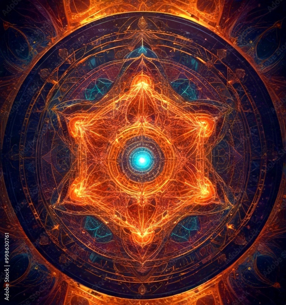 Poster a symmetrical, intricate design with a central blue and green element surrounded by a complex pattern of orange and brown lines and shapes