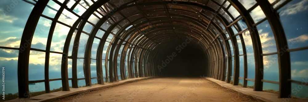 Poster a long, arched tunnel with a curved ceiling and a glass wall on either side, leading to a dark, empt