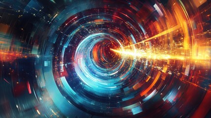 Fototapeta premium Abstract background featuring swirling colors, geometric patterns, and bright digital elements, representing progress and modern innovation
