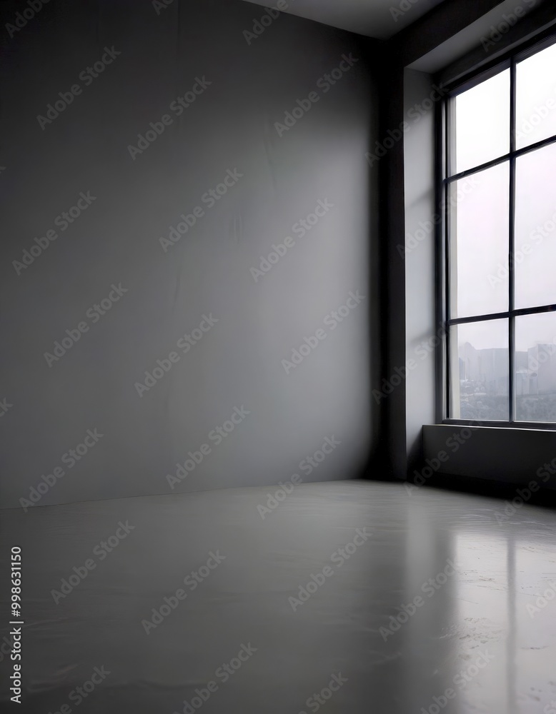 Poster a minimalist room with a large window overlooking a cityscape