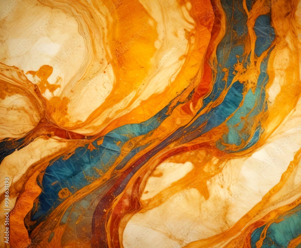 Poster a close-up view textured surface with a swirling pattern of orange, blue, and white colors, resembli