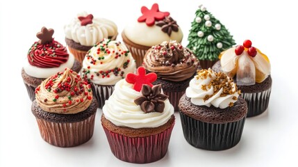 assorted festive cupcakes on white background