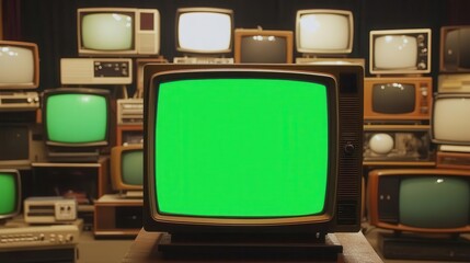 nostalgic display collection of old vintage tvs from 1960s to 2000s green screen for video overlay retro technology