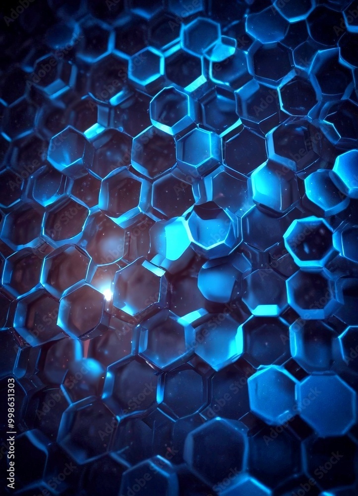 Poster a close-up view complex pattern of hexagonal shapes, predominantly in shades of blue and black, creating a visually striking and abstract composition