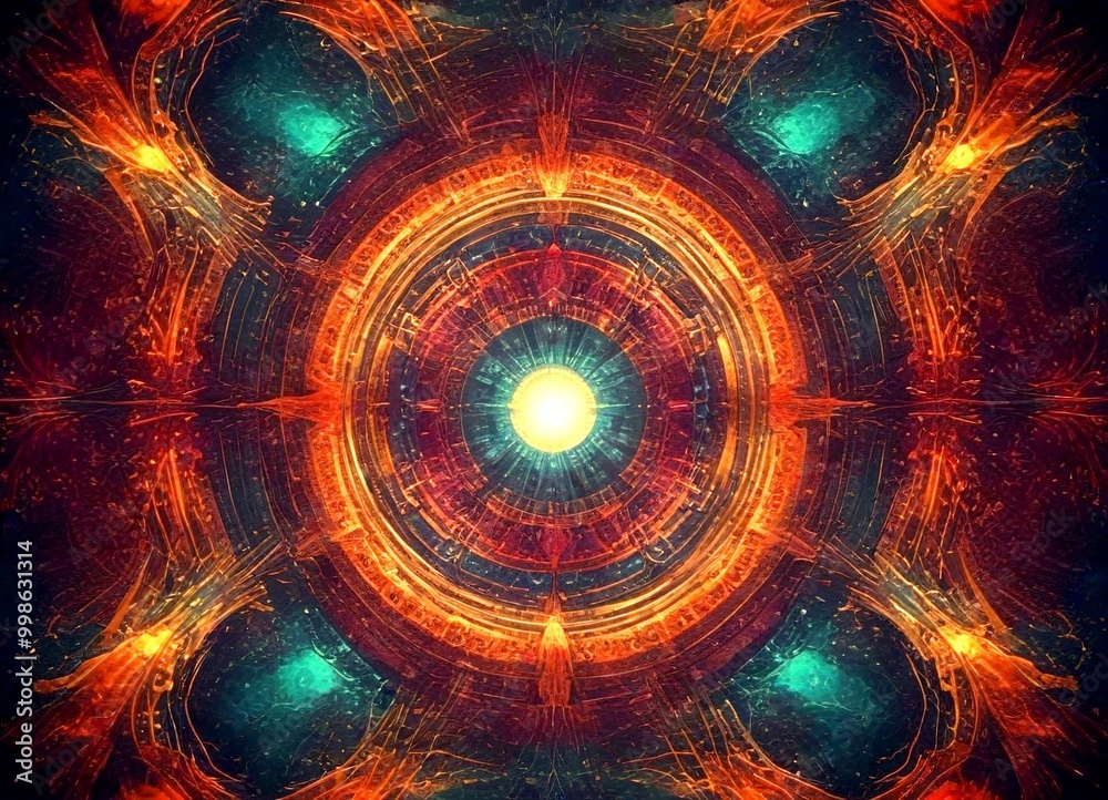 Poster a symmetrical, kaleidoscopic pattern of concentric circles and lines, with a central yellow circle surrounded by a vibrant array of orange, red, and green hues