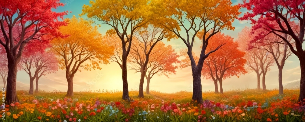 Poster a serene autumnal forest scene with vibrant trees and a colorful meadow in the foreground