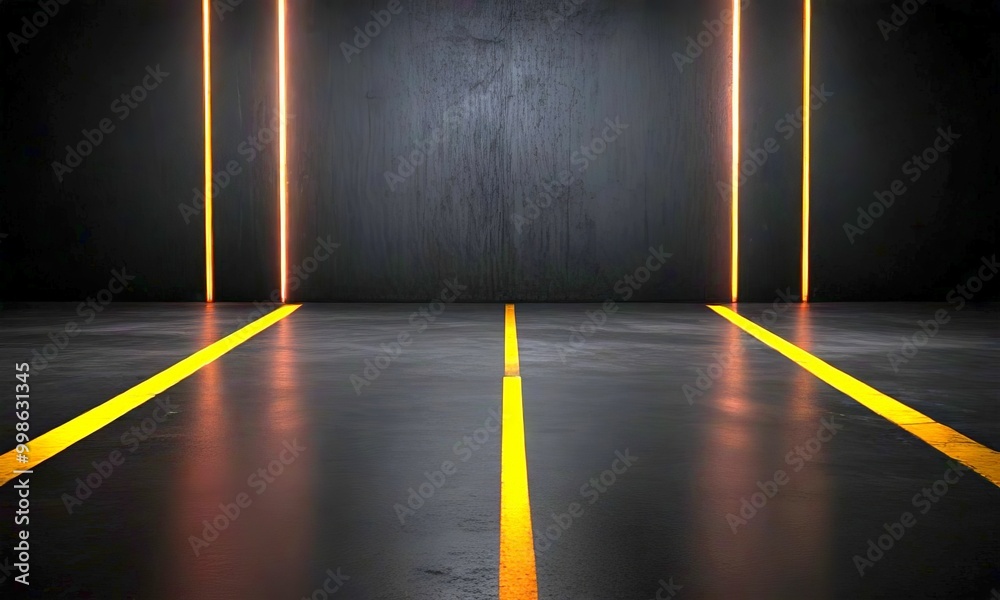 Aufkleber a dark room with three vertical light lines on the right side, casting a warm glow on the floor belo