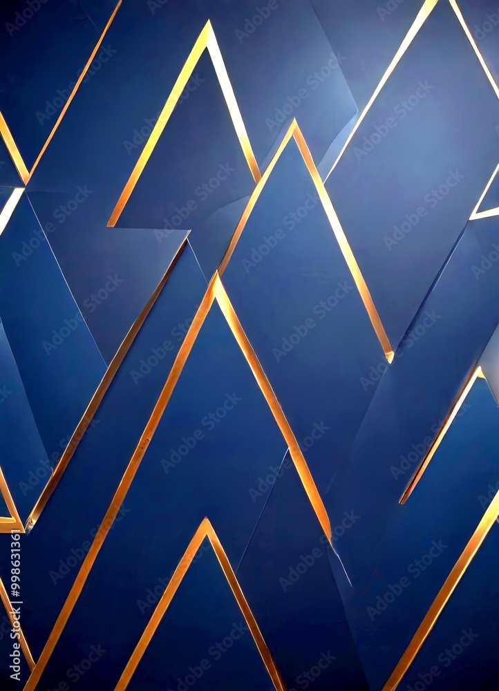 Poster a dark blue background with a geometric pattern of intersecting diagonal lines in gold, creating a sense of depth and movement