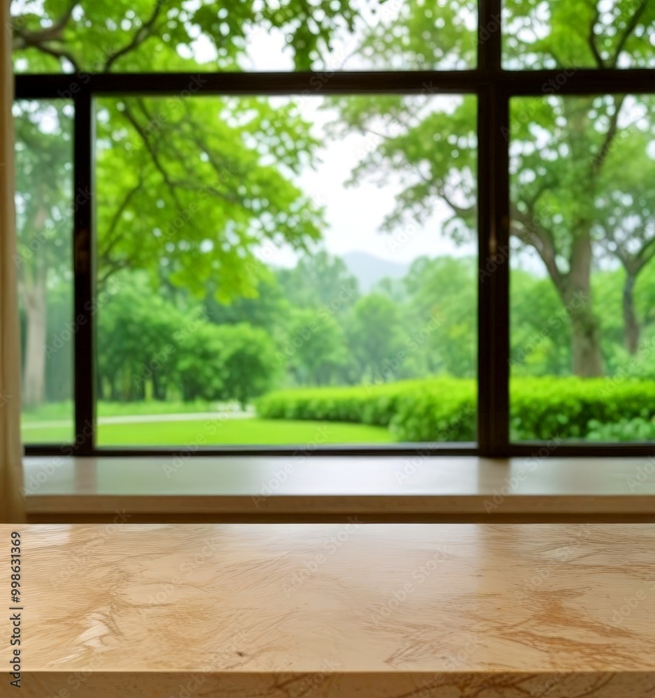 Poster a wooden table sits in the foreground, with a large window in the background offering a view lush, v