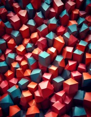 a vibrant and abstract composition of numerous cubes in various shades of red, orange, and blue, arranged in a seemingly random yet visually striking manner
