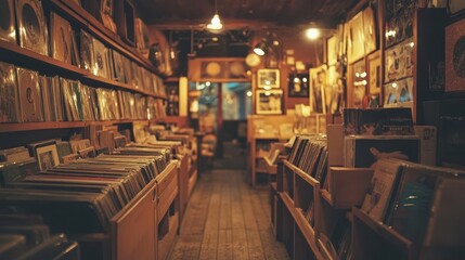 nostalgic record store interior bathed in warm amber lighting vintage vinyl collections line wooden shelves creating a cozy atmosphere for music enthusiasts to browse and discover