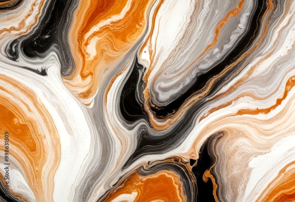 Poster a close-up view marble-like pattern with swirling, multicolored lines and swirls in shades of orange, black, and white