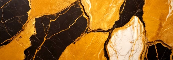 Fototapeta premium a close-up view marble surface with a striking pattern of black and gold marble The marble exhibits a textured and cracked appearance, with visible cracks and crevices