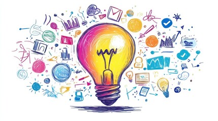 Bright light bulb with colorful hand drawn graphics surrounding it.