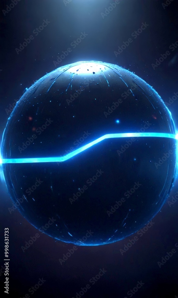 Poster a futuristic sphere with a glowing blue line running through it, set against a dark background