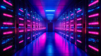 Fototapeta premium Futuristic Data Storage Corridor with Blue and Purple LED Lights in High-Speed Server Room, Internet and Cloud Services Concept
