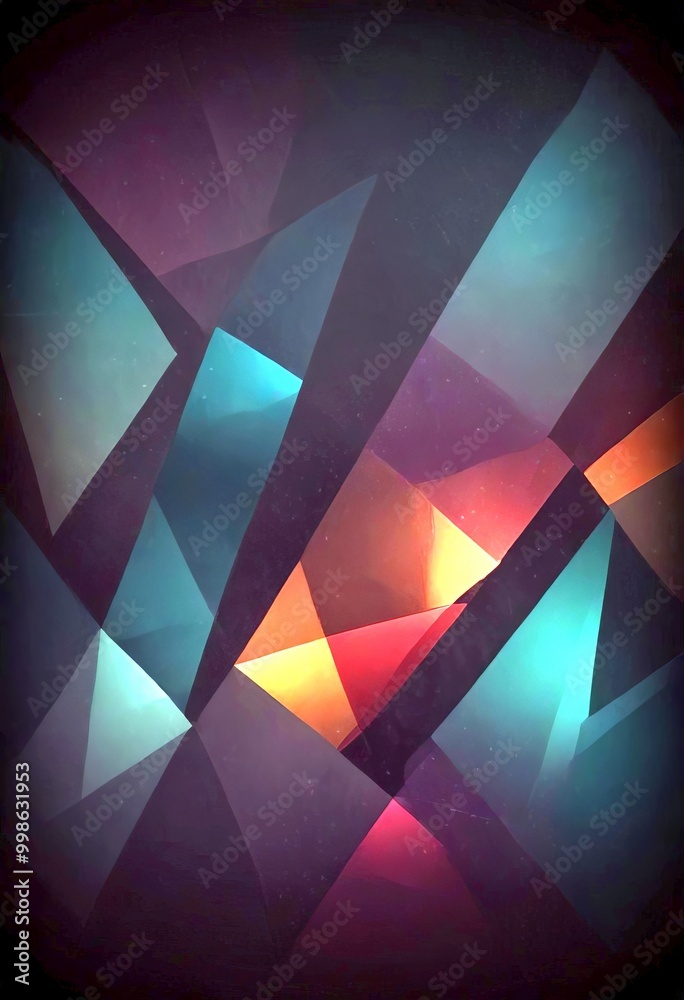 Poster a dark, abstract background composed of overlapping triangular shapes in various shades of green, blue, orange, and red, creating a visually striking and dynamic composition