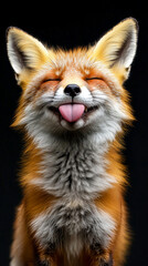 playful red fox, looking directly at the camera with its tongue sticking out