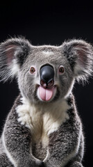 Fototapeta premium close-up photo of a koala with gray fur, large round ears, and a black nose, sticking out its tongue playfully
