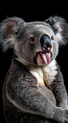 close-up photo of a koala with gray fur, large round ears, and a black nose, sticking out its tongue playfully