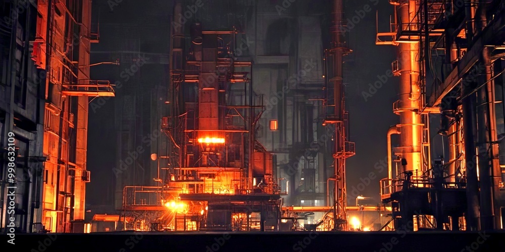 Poster a dimly lit industrial area with towering structures, pipes, and equipment, creating a sense of dept