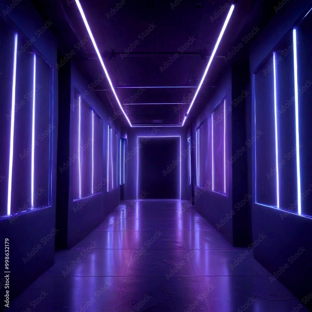 Poster A long, dimly lit corridor with a glossy floor and walls, illuminated by a series of vertical light strips that create a tunnel-like effect