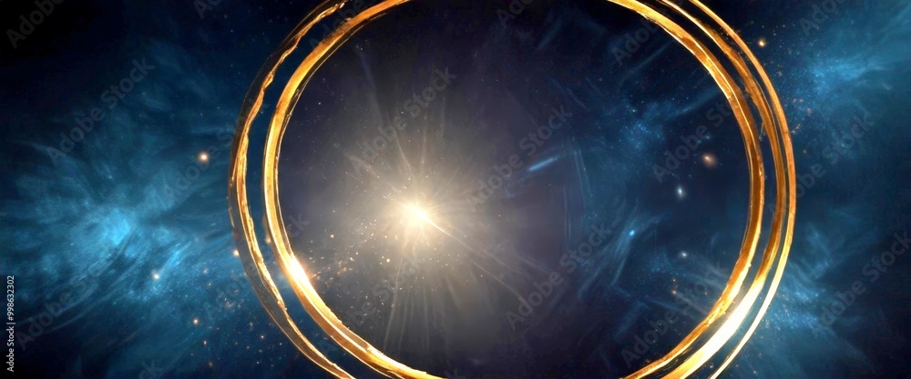 Poster a circular frame with a golden border, set against a dark background with swirling blue and black hu