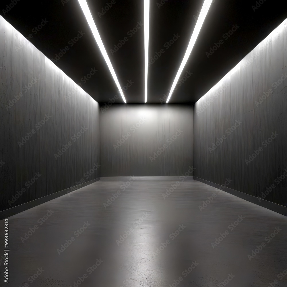 Poster a long, empty room with a minimalist design, featuring a high ceiling with three parallel white ligh