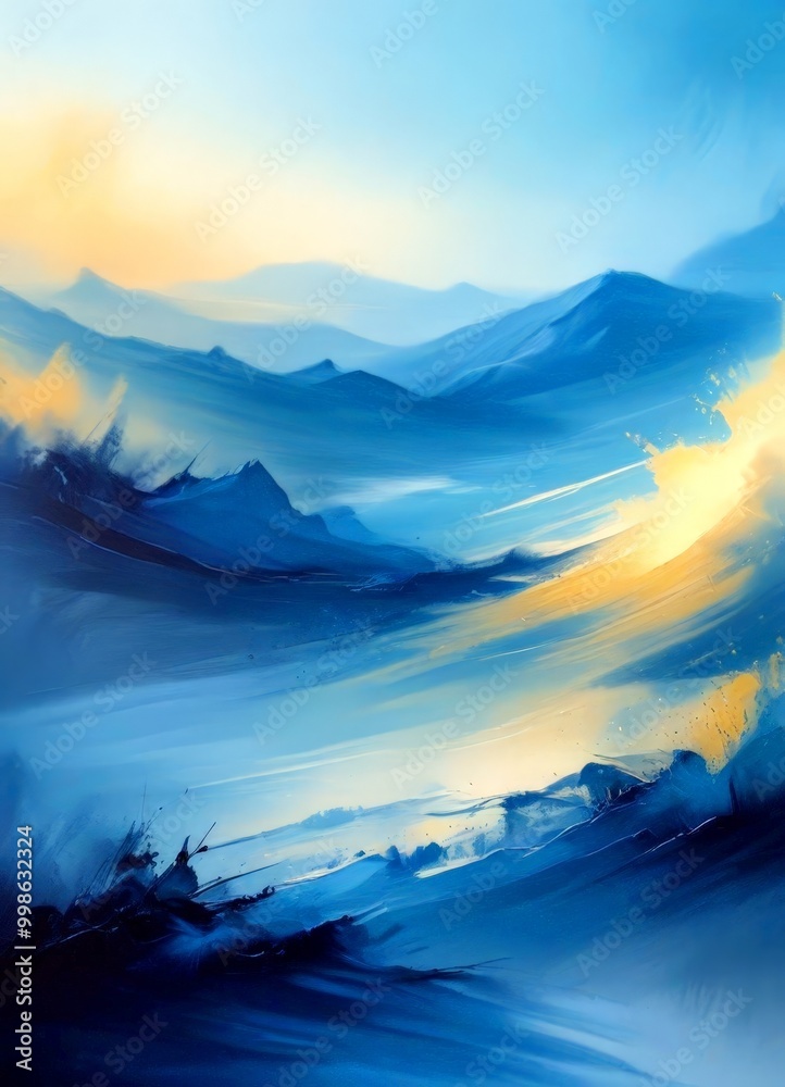 Poster a serene landscape with a mountain range in the background, bathed in a soft, hazy light the mountai