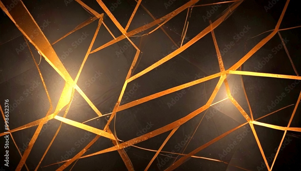 Poster a dark background with a complex pattern of intersecting golden lines, creating a sense of depth and dimension