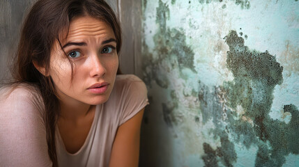 Fototapeta premium Shocked Woman Reacting to Mold Growth on Wall, Home Hygiene Problem, Indoor Air Quality Awareness
