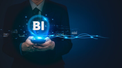Businessman using smartphone with Business Intelligence BI technology hologram and digital analytics interface