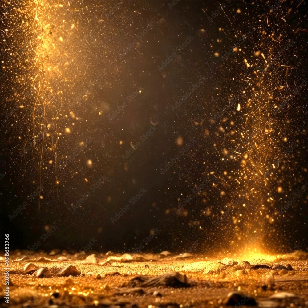 Poster a dark, gritty scene with a scattering of small, glittering particles or specks of gold, creating a sense of movement and energy The background is shrouded in darkness, with