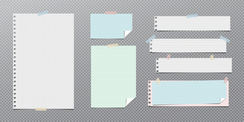 Set of white and colorful note, notebook paper are on grey transparent background for text or ad.