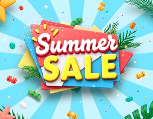3D Summer Sale Banner Design with Colorful Background and Discount for Tropical Holiday Promotion