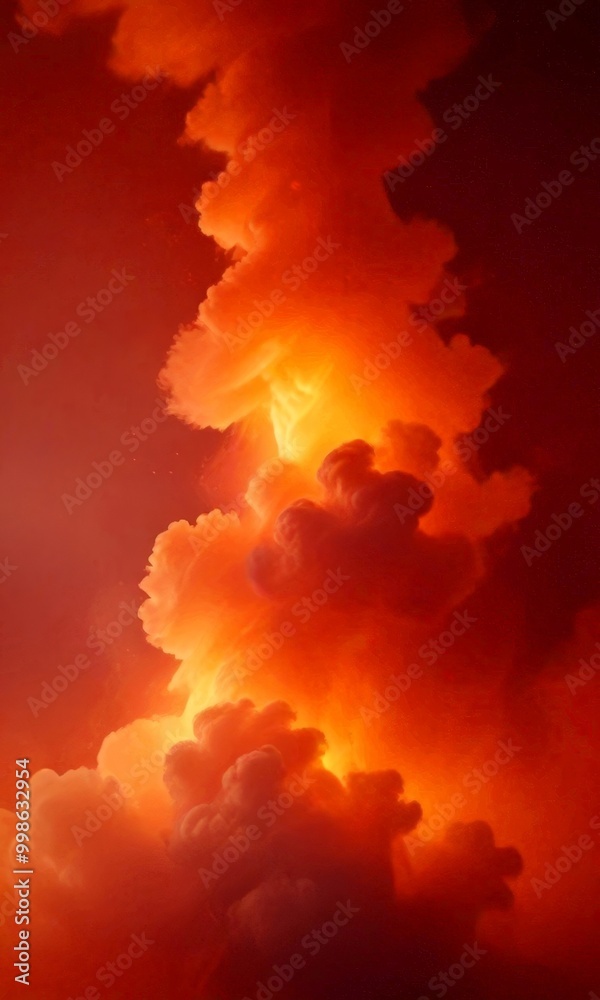Poster a dramatic sky filled with vibrant orange and red clouds, creating a fiery and intense atmosphere