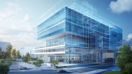 Obraz premium A modern glass building with a wireframe overlay, showcasing its construction and design.