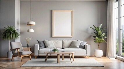 Blank picture frame mockup on gray wall. White Beautiful living room design. View of modern scandinavian style interior with artwork mock up on wall. Home staging and minimalism concept