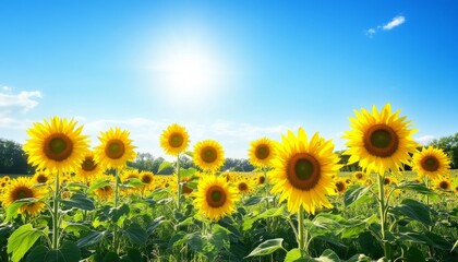Obraz premium Sunflower Field. Sunflowers in Bloom. Sunflower Garden. Golden Hour Sunflowers. Sunny Sunflower Field.