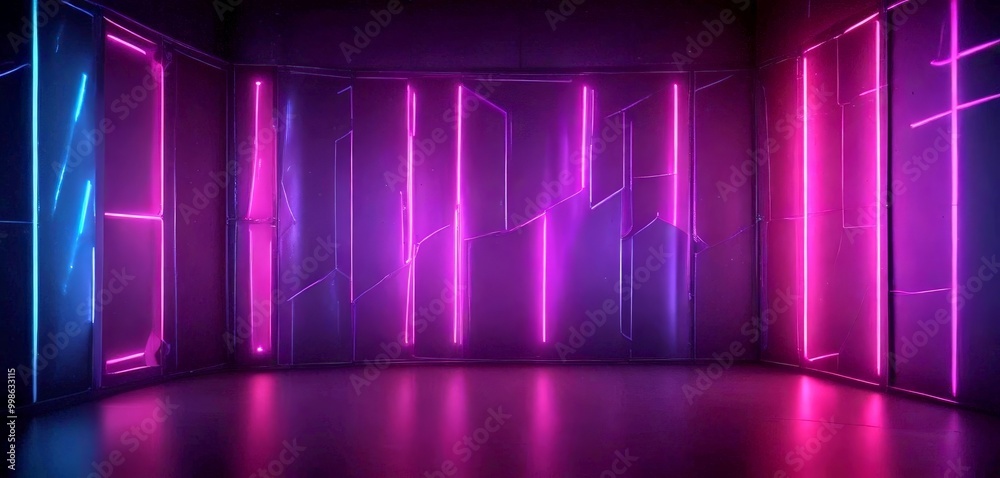 Poster a dimly lit room with a futuristic design, featuring vertical lines and glowing neon lights in shade